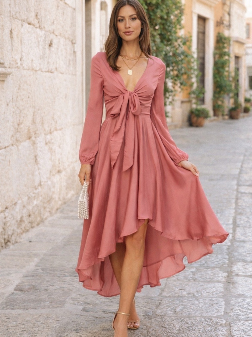 Hello Molly Blush Satin Midi Tie Front Dress S Romantic High Low Wedding Guest